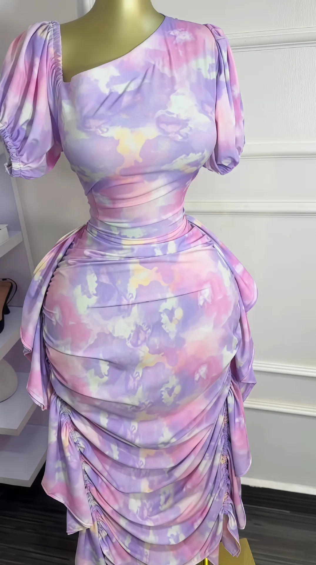 GLCMYAYA Women Tie Dye Printed Skew Neck Ruched Stacked Bodycon Midi Maxi Long Dress 2025 Vacation Holiday Sexy Vestidos Dresses