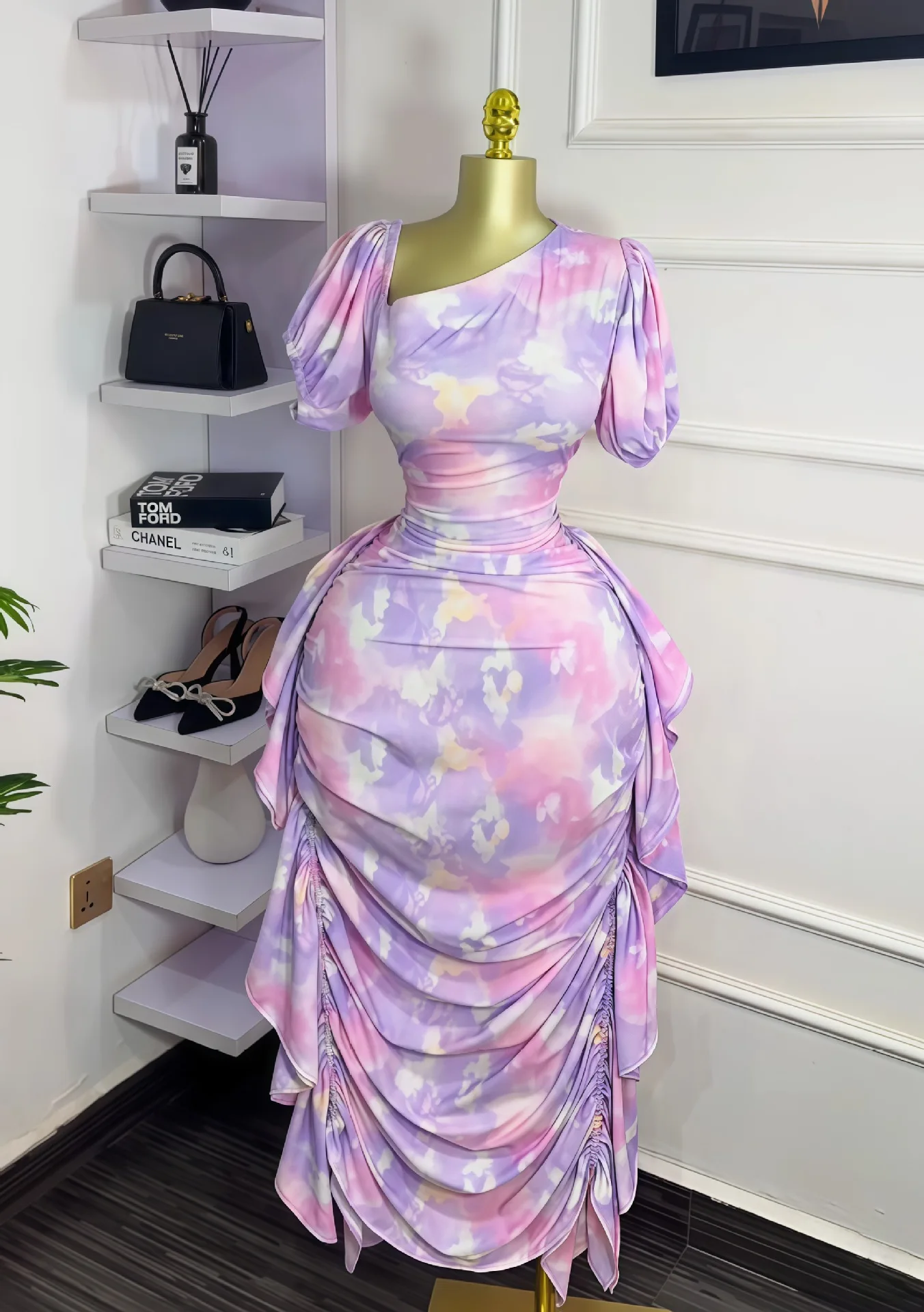 GLCMYAYA Women Tie Dye Printed Skew Neck Ruched Stacked Bodycon Midi Maxi Long Dress 2025 Vacation Holiday Sexy Vestidos Dresses