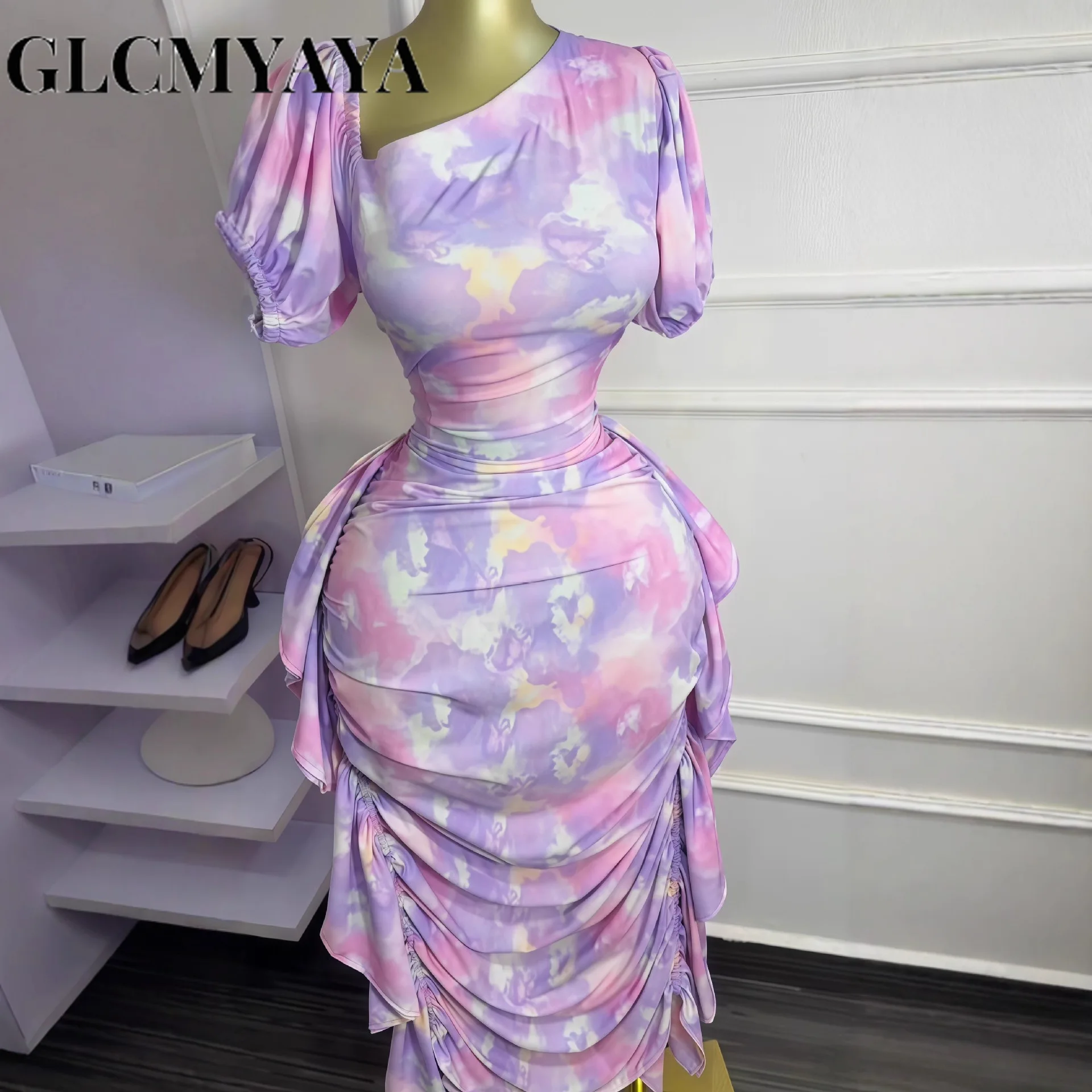 GLCMYAYA Women Tie Dye Printed Skew Neck Ruched Stacked Bodycon Midi Maxi Long Dress 2025 Vacation Holiday Sexy Vestidos Dresses