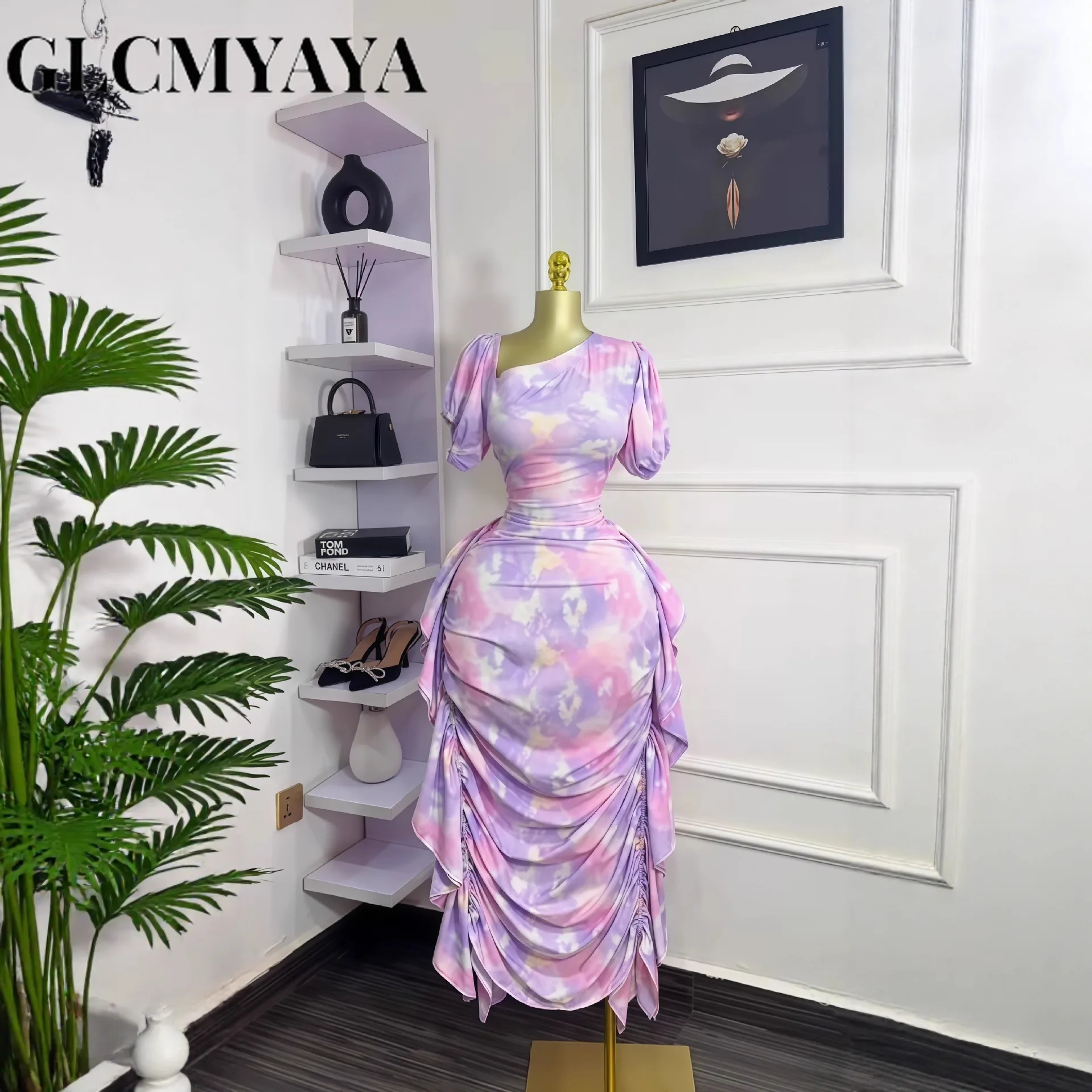 GLCMYAYA Women Tie Dye Printed Skew Neck Ruched Stacked Bodycon Midi Maxi Long Dress 2025 Vacation Holiday Sexy Vestidos Dresses