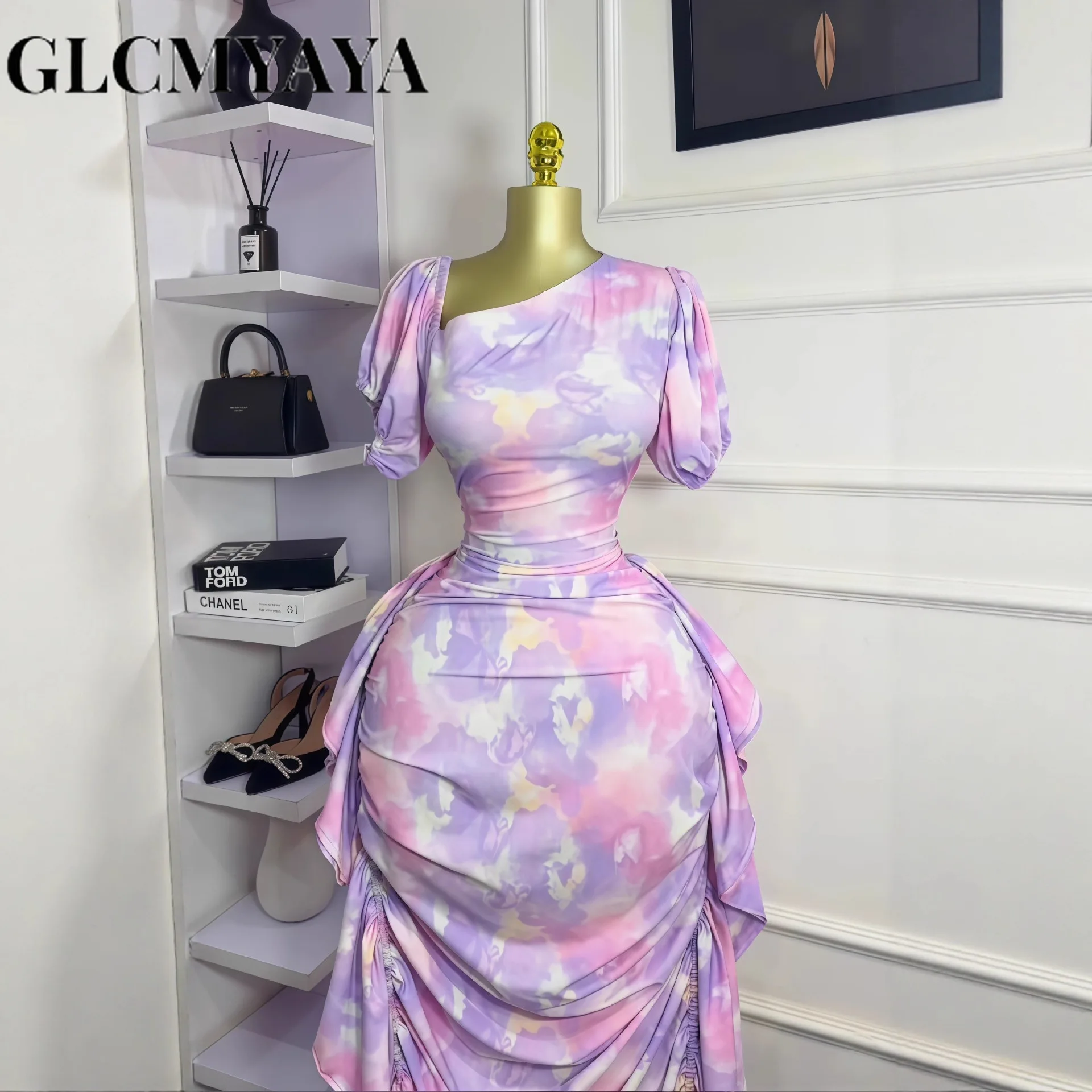 GLCMYAYA Women Tie Dye Printed Skew Neck Ruched Stacked Bodycon Midi Maxi Long Dress 2025 Vacation Holiday Sexy Vestidos Dresses