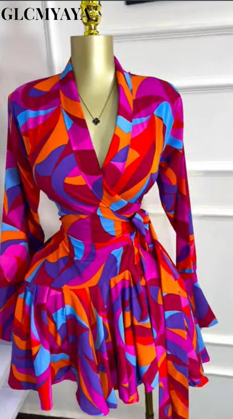 GLCMYAYA Women Tie Dye Print Flare Long Sleeve Wrap V-neck with Sashes Ruffle Dress 2026 Elegant Vacation Party Birthday Dresses