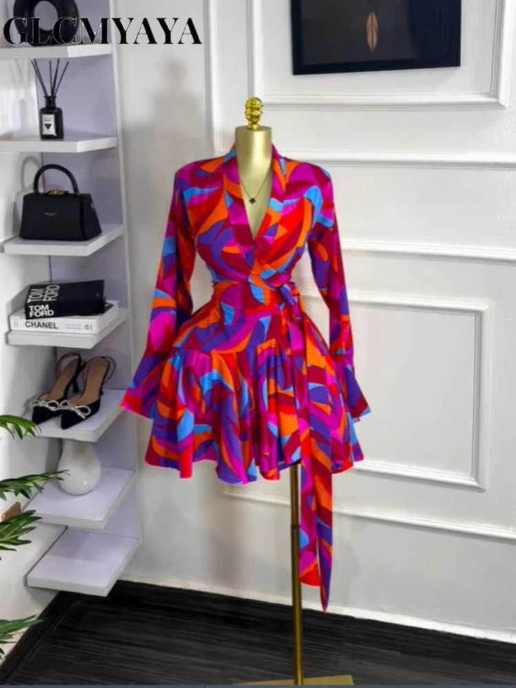 GLCMYAYA Women Tie Dye Print Flare Long Sleeve Wrap V-neck with Sashes Ruffle Dress 2026 Elegant Vacation Party Birthday Dresses