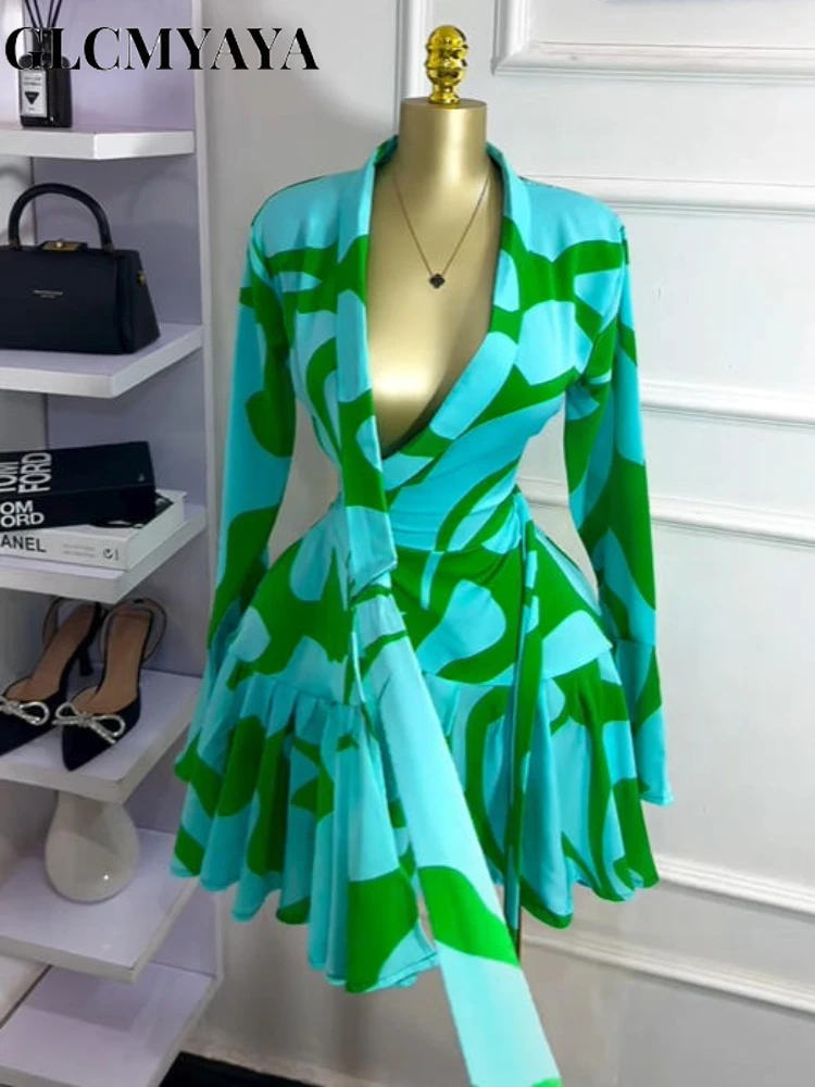 GLCMYAYA Women Tie Dye Print Flare Long Sleeve Wrap V-neck with Sashes Ruffle Dress 2026 Elegant Vacation Party Birthday Dresses