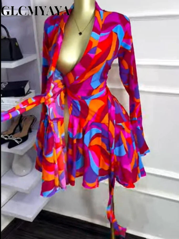 GLCMYAYA Women Tie Dye Print Flare Long Sleeve Wrap V-neck with Sashes Ruffle Dress 2026 Elegant Vacation Party Birthday Dresses