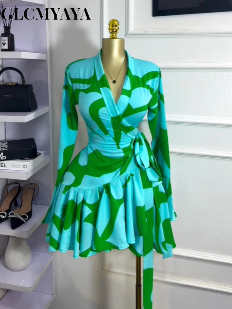 GLCMYAYA Women Tie Dye Print Flare Long Sleeve Wrap V-neck with Sashes Ruffle Dress 2026 Elegant Vacation Party Birthday Dresses