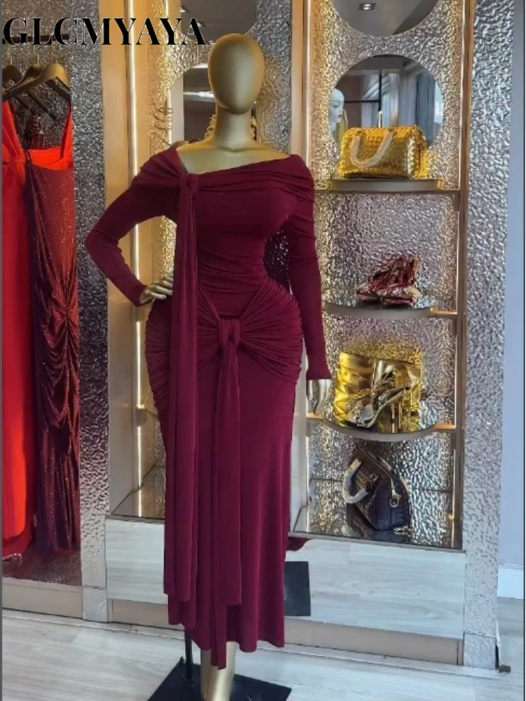 CM.YAYA Women Skew Off Shoulder Stacked Ruched Wrap Front Maxi Midi Dress 2026 Sexy Beach Party Education Long Dresses Vestidos