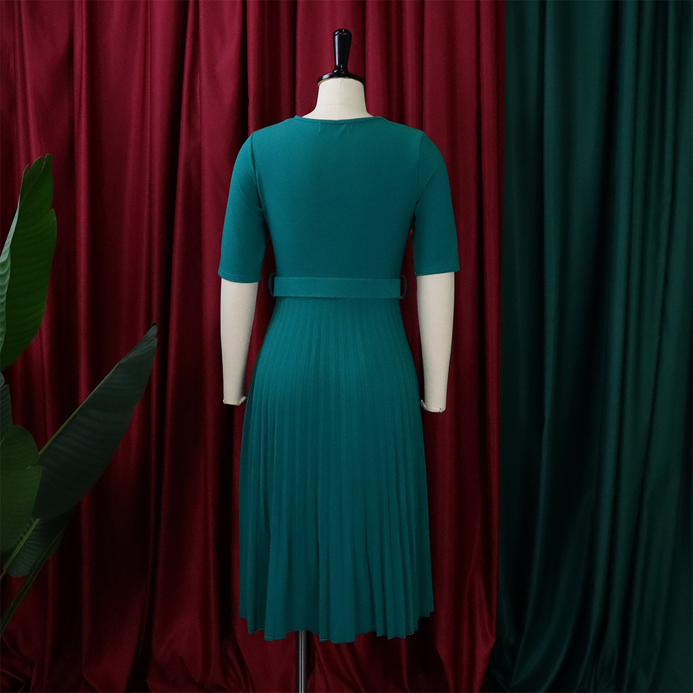 CM.YAYA Summer Midi Pleated Dress Short Sleeve Office Lady Africa Sashes Women High Waist Elegant Dresses Vestidos