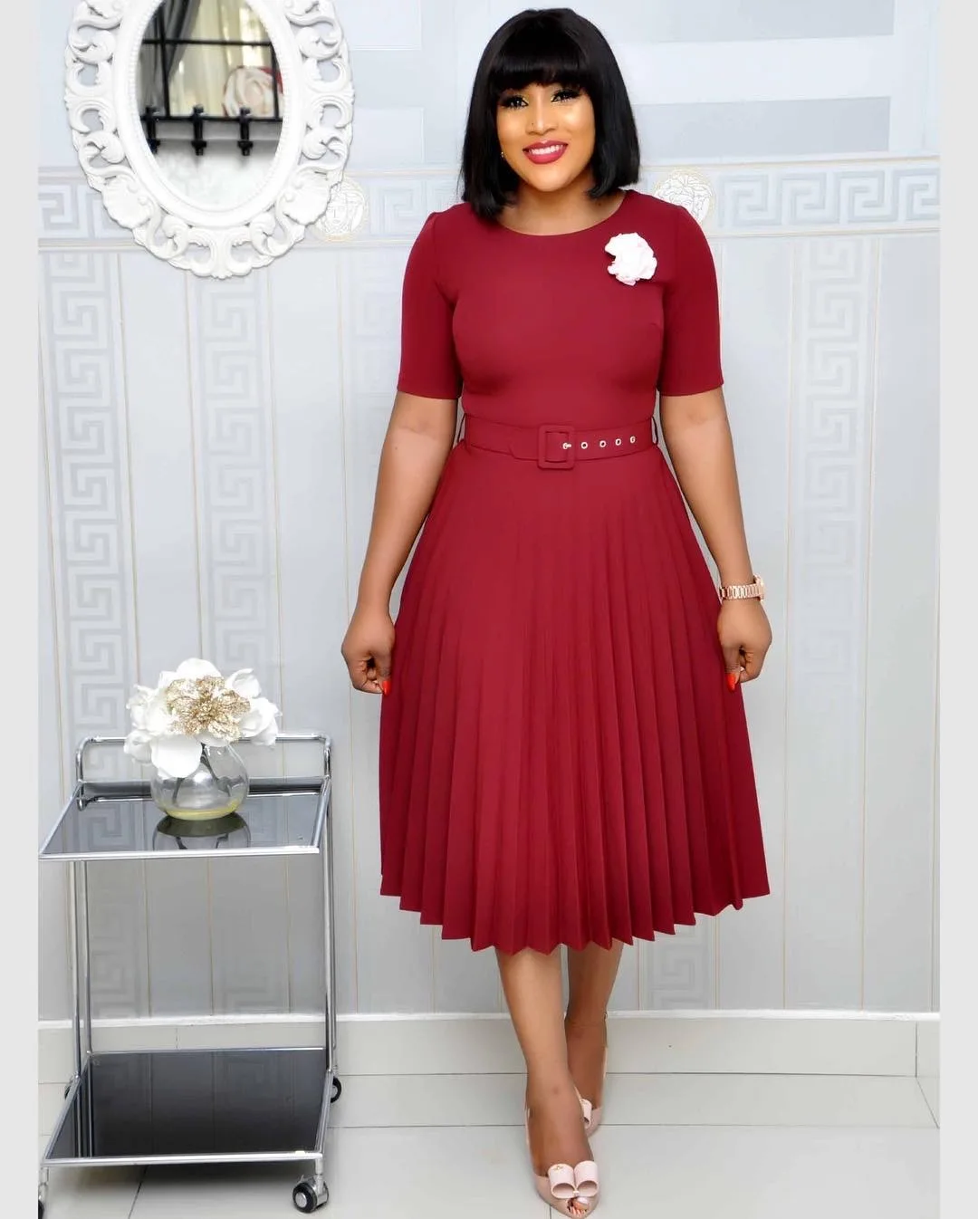 CM.YAYA Summer Midi Pleated Dress Short Sleeve Office Lady Africa Sashes Women High Waist Elegant Dresses Vestidos