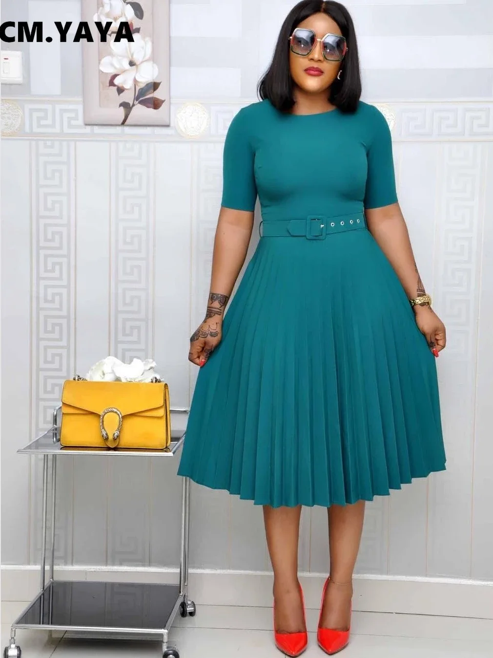 CM.YAYA Summer Midi Pleated Dress Short Sleeve Office Lady Africa Sashes Women High Waist Elegant Dresses Vestidos