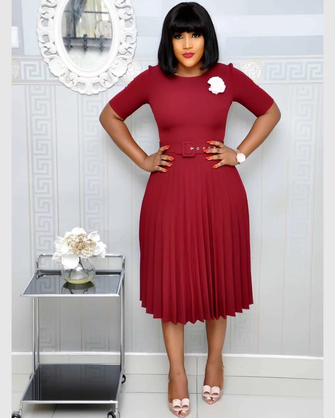 CM.YAYA Summer Midi Pleated Dress Short Sleeve Office Lady Africa Sashes Women High Waist Elegant Dresses Vestidos