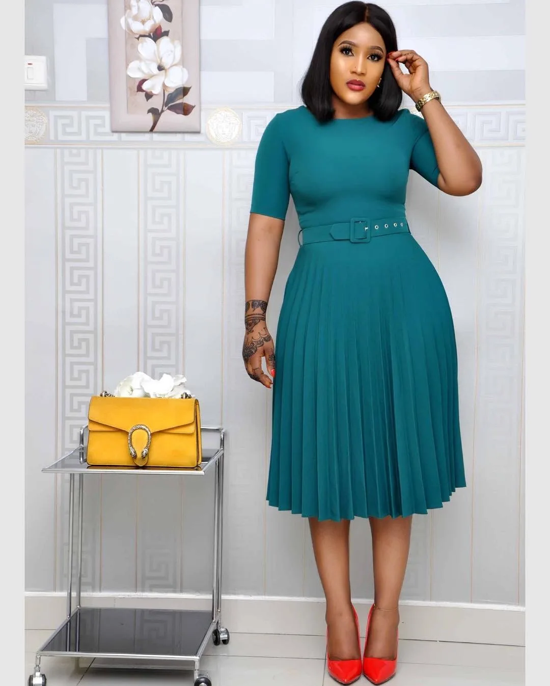 CM.YAYA Summer Midi Pleated Dress Short Sleeve Office Lady Africa Sashes Women High Waist Elegant Dresses Vestidos