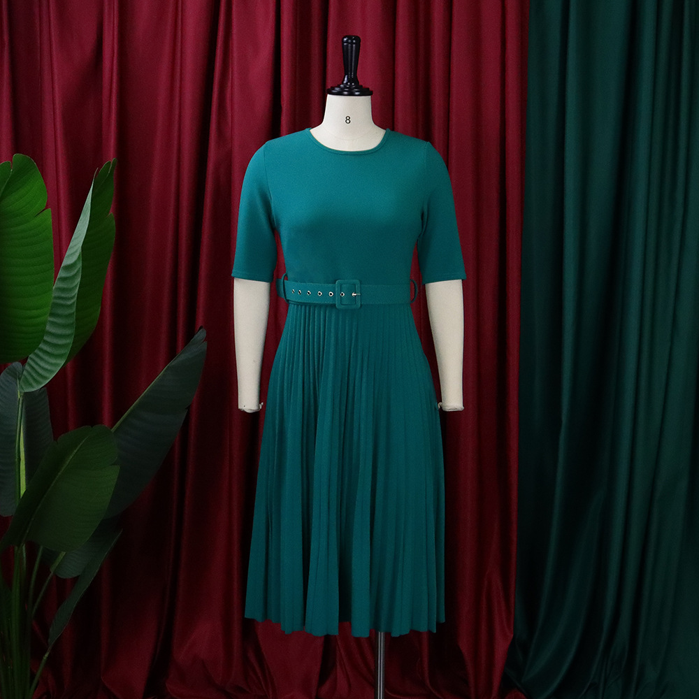 CM.YAYA Summer Midi Pleated Dress Short Sleeve Office Lady Africa Sashes Women High Waist Elegant Dresses Vestidos