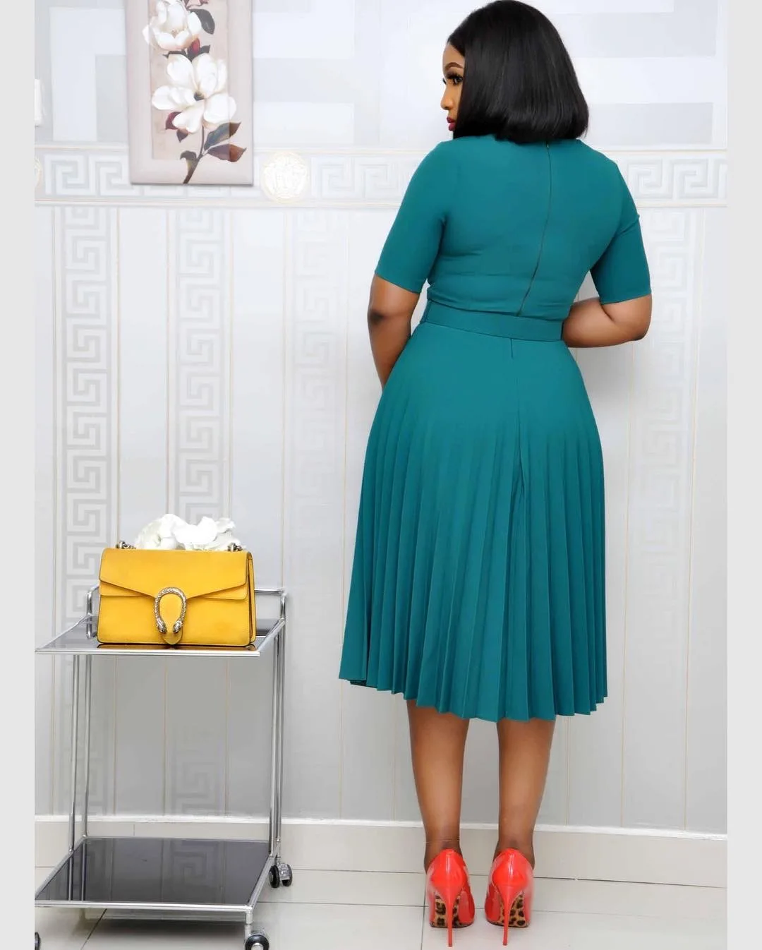 CM.YAYA Summer Midi Pleated Dress Short Sleeve Office Lady Africa Sashes Women High Waist Elegant Dresses Vestidos