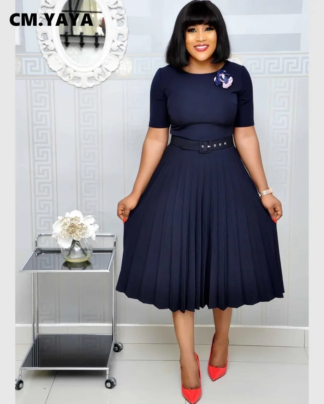 CM.YAYA Summer Midi Pleated Dress Short Sleeve Office Lady Africa Sashes Women High Waist Elegant Dresses Vestidos
