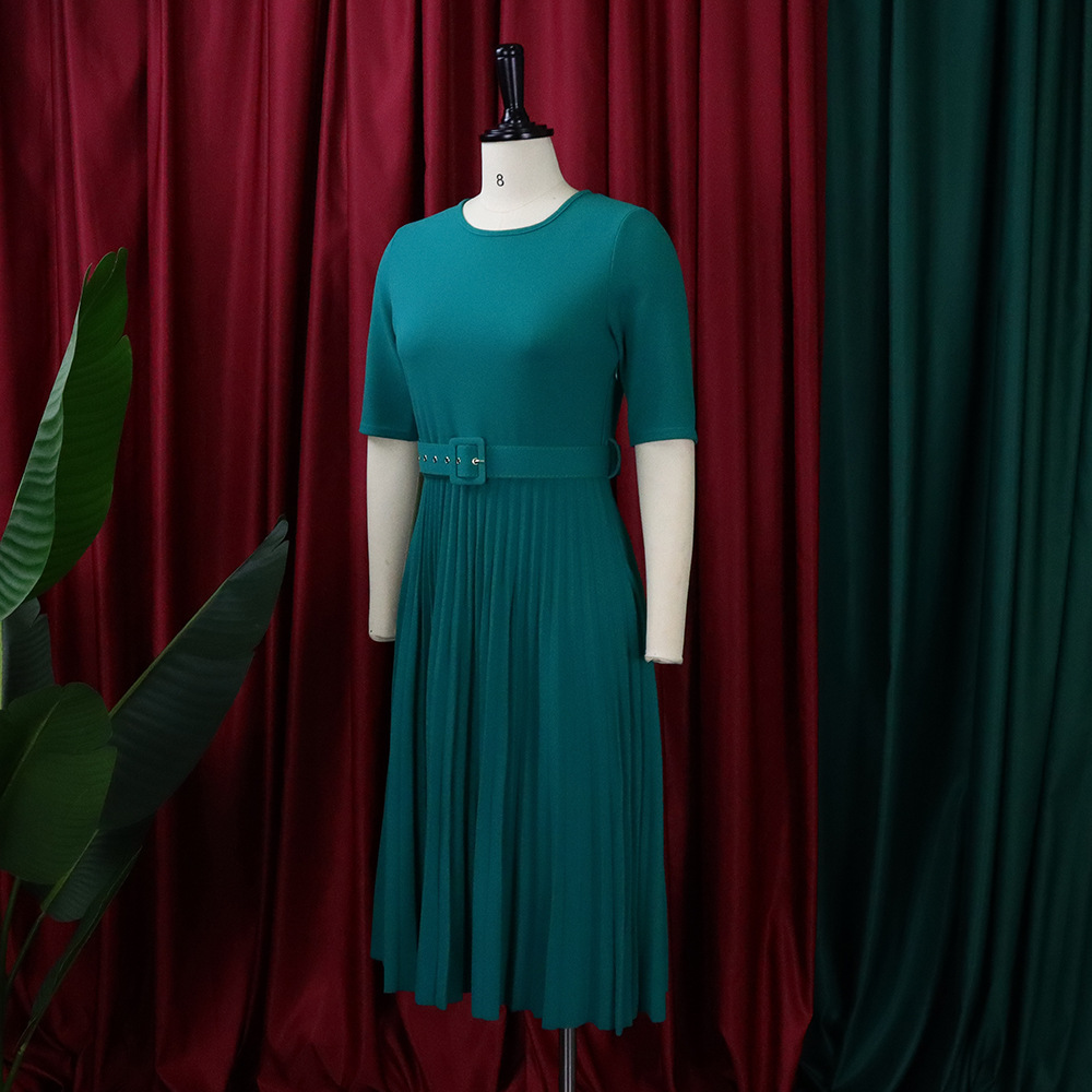 CM.YAYA Summer Midi Pleated Dress Short Sleeve Office Lady Africa Sashes Women High Waist Elegant Dresses Vestidos