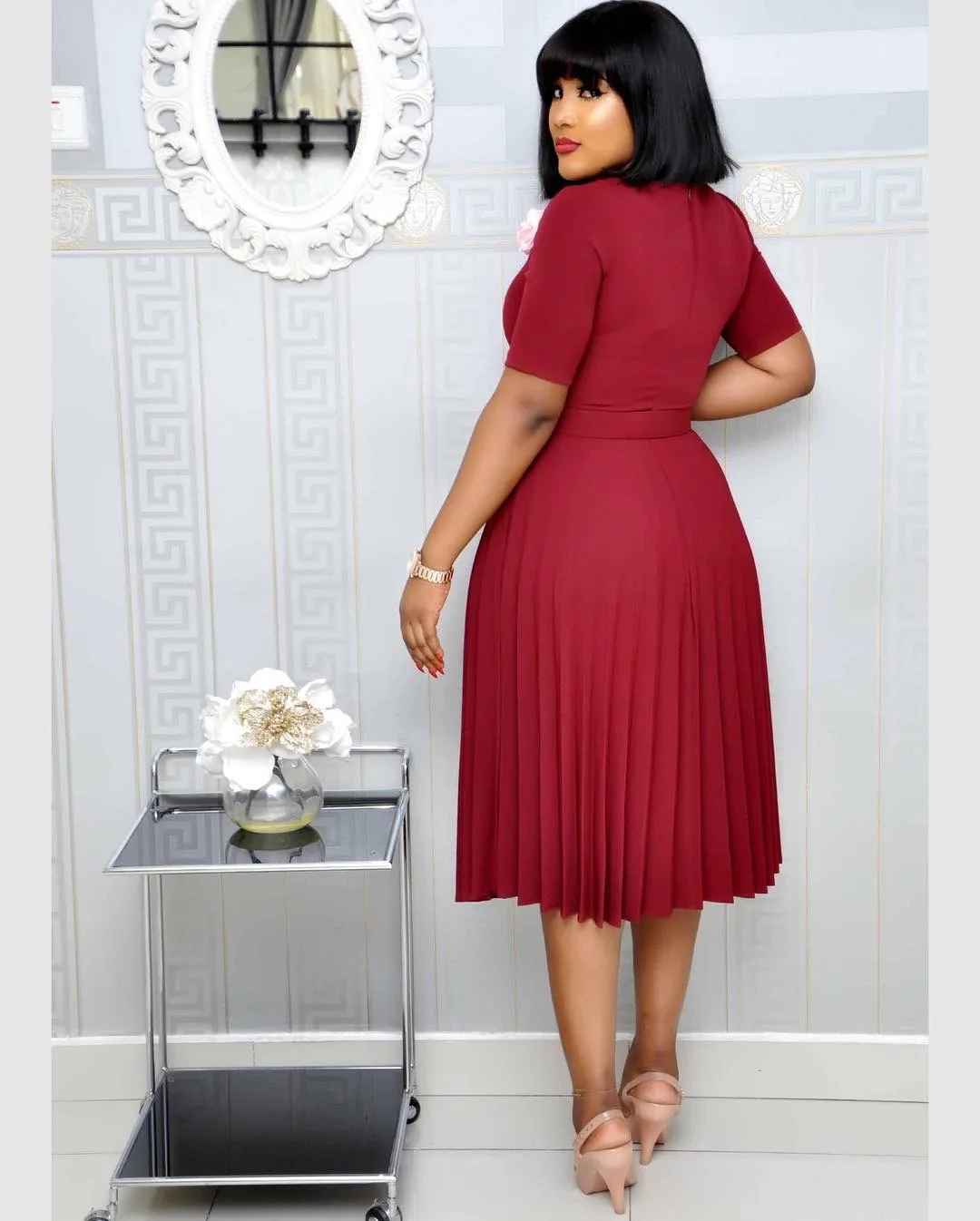 CM.YAYA Summer Midi Pleated Dress Short Sleeve Office Lady Africa Sashes Women High Waist Elegant Dresses Vestidos