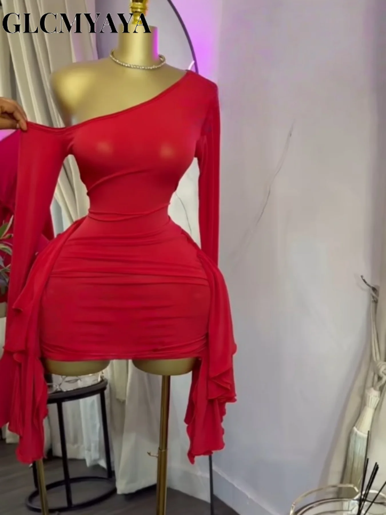 GLCMYAYA Women Drop Shoulder Flare Sleeve Ruffles Side Bodycon Midi Mini Dress 2026 Birthday Holiday Trendy Dresses Vestidos