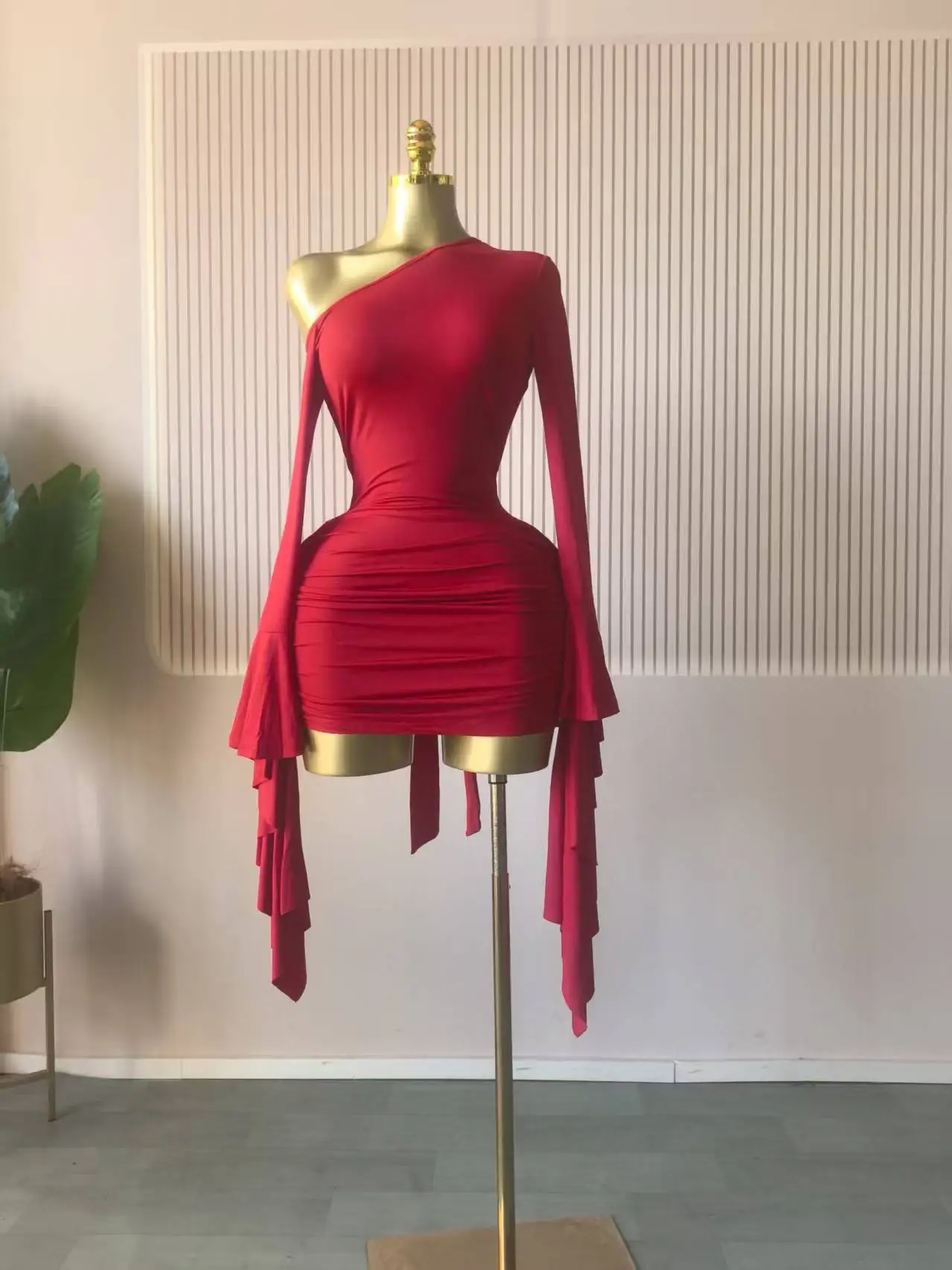 GLCMYAYA Women Drop Shoulder Flare Sleeve Ruffles Side Bodycon Midi Mini Dress 2026 Birthday Holiday Trendy Dresses Vestidos