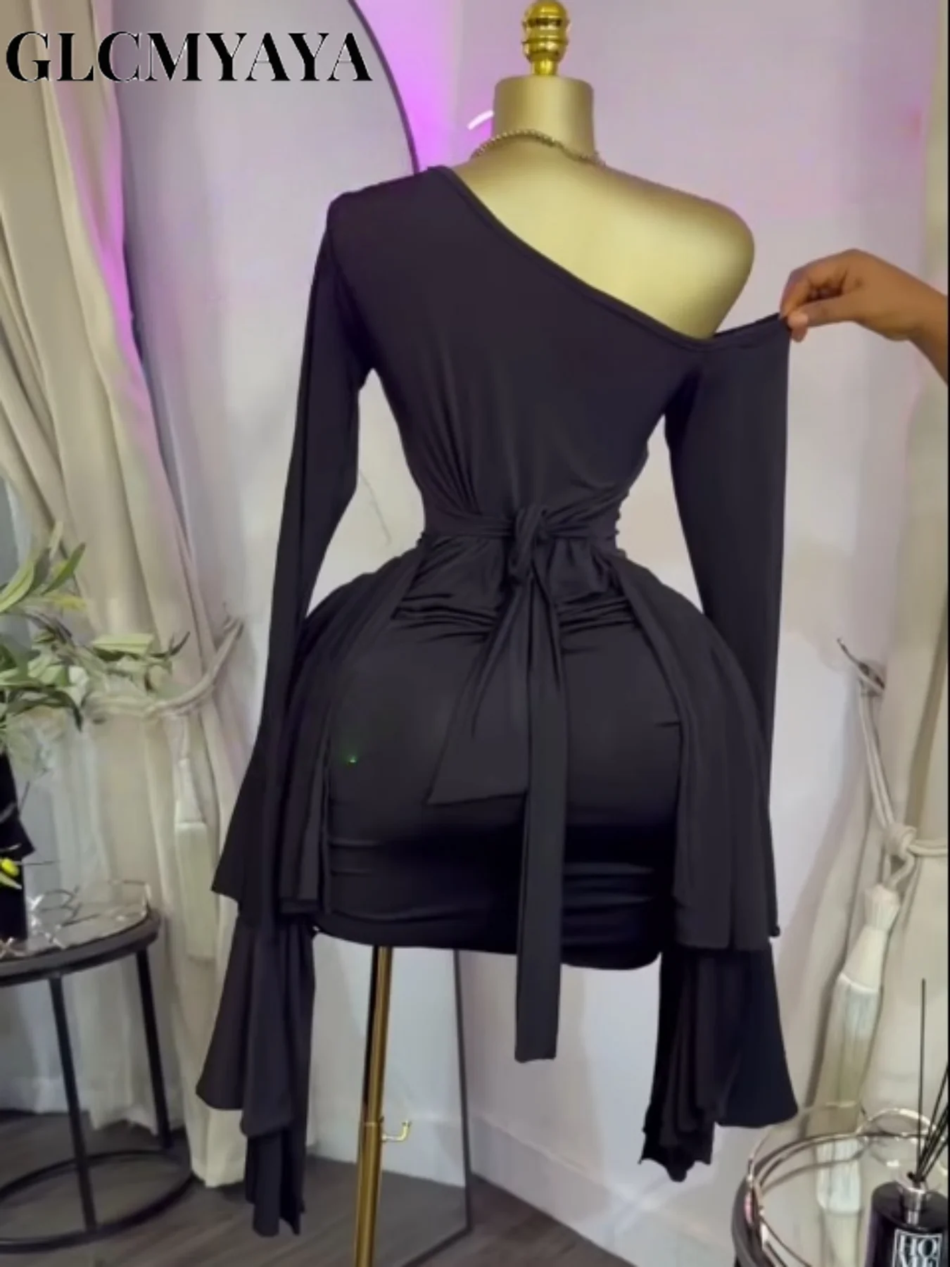 GLCMYAYA Women Drop Shoulder Flare Sleeve Ruffles Side Bodycon Midi Mini Dress 2026 Birthday Holiday Trendy Dresses Vestidos