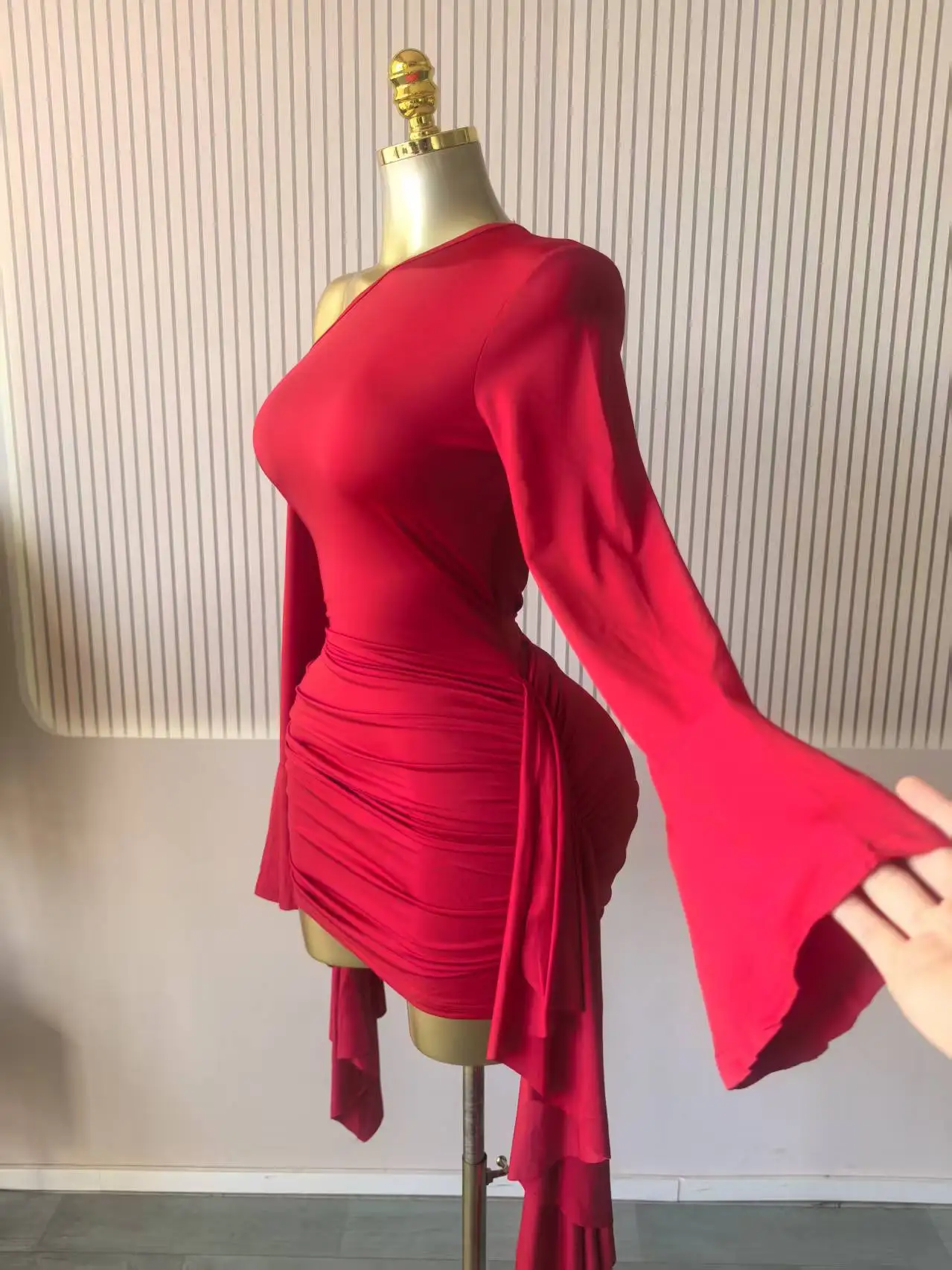 GLCMYAYA Women Drop Shoulder Flare Sleeve Ruffles Side Bodycon Midi Mini Dress 2026 Birthday Holiday Trendy Dresses Vestidos