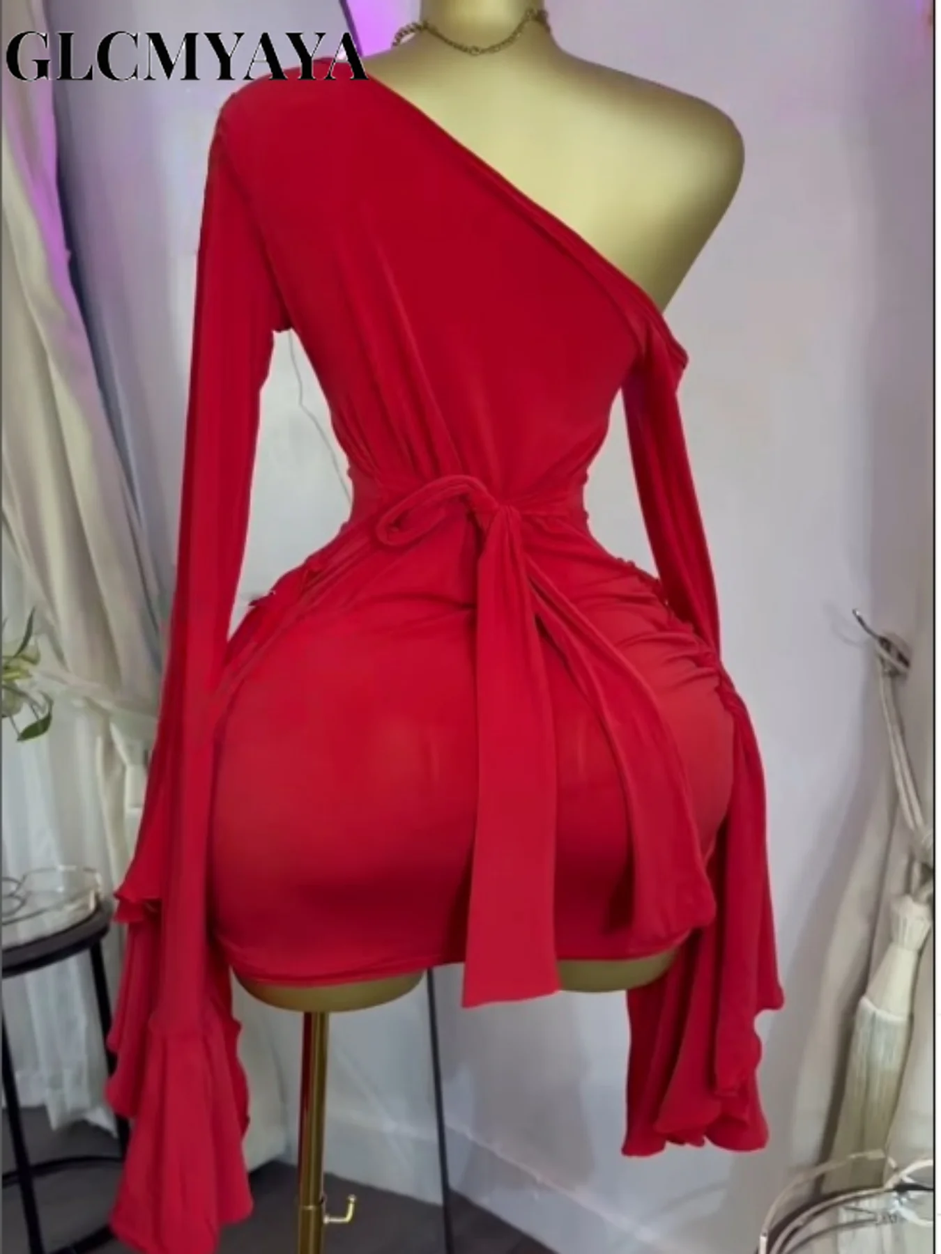 GLCMYAYA Women Drop Shoulder Flare Sleeve Ruffles Side Bodycon Midi Mini Dress 2026 Birthday Holiday Trendy Dresses Vestidos