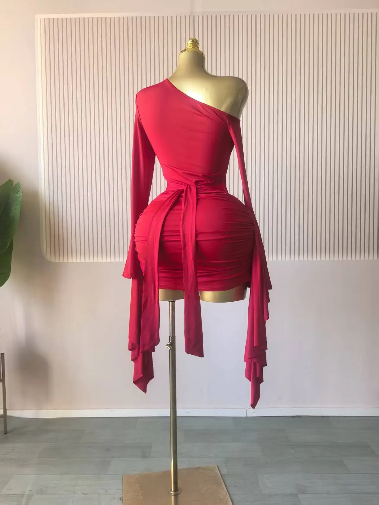 GLCMYAYA Women Drop Shoulder Flare Sleeve Ruffles Side Bodycon Midi Mini Dress 2026 Birthday Holiday Trendy Dresses Vestidos