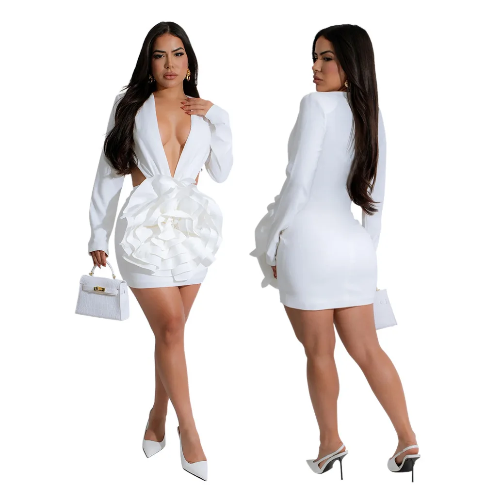 CM.YAYA Women Rose Floral Applique Long Sleeve Bodycon Mini Midi Dress Winter V-neck Club Sexy Party Evening Dresses Vestidos