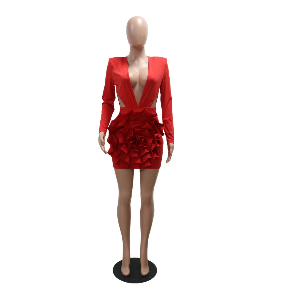 CM.YAYA Women Rose Floral Applique Long Sleeve Bodycon Mini Midi Dress Winter V-neck Club Sexy Party Evening Dresses Vestidos