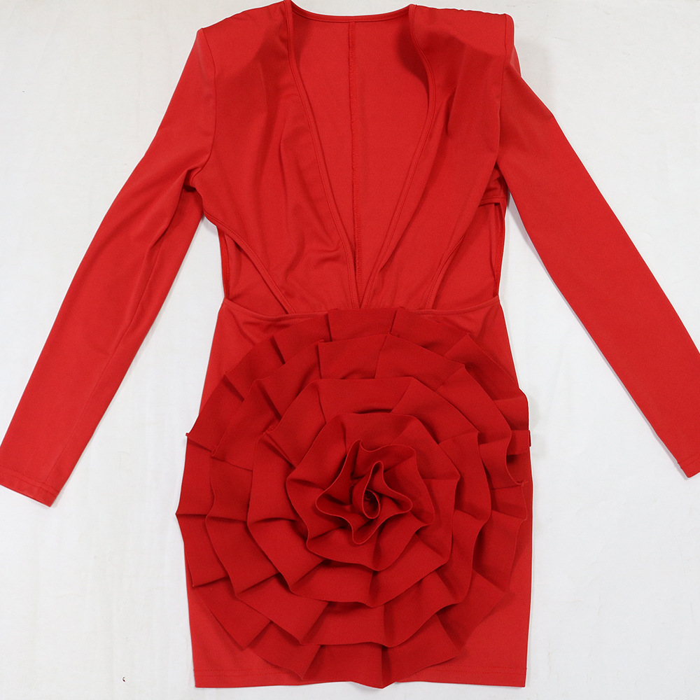 CM.YAYA Women Rose Floral Applique Long Sleeve Bodycon Mini Midi Dress Winter V-neck Club Sexy Party Evening Dresses Vestidos