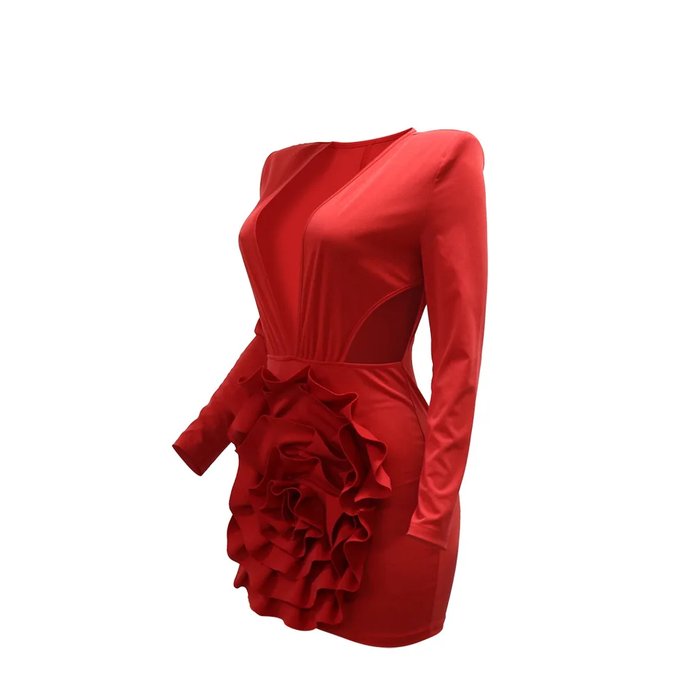 CM.YAYA Women Rose Floral Applique Long Sleeve Bodycon Mini Midi Dress Winter V-neck Club Sexy Party Evening Dresses Vestidos