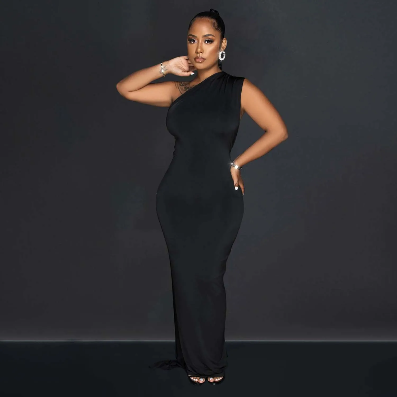 CM.YAYA Women One Shoulder Sleeveless Roll Splicing Ruched Backless Maxi Dress 2023 Vestidos Sexy Clubwear Party Evening Dresses