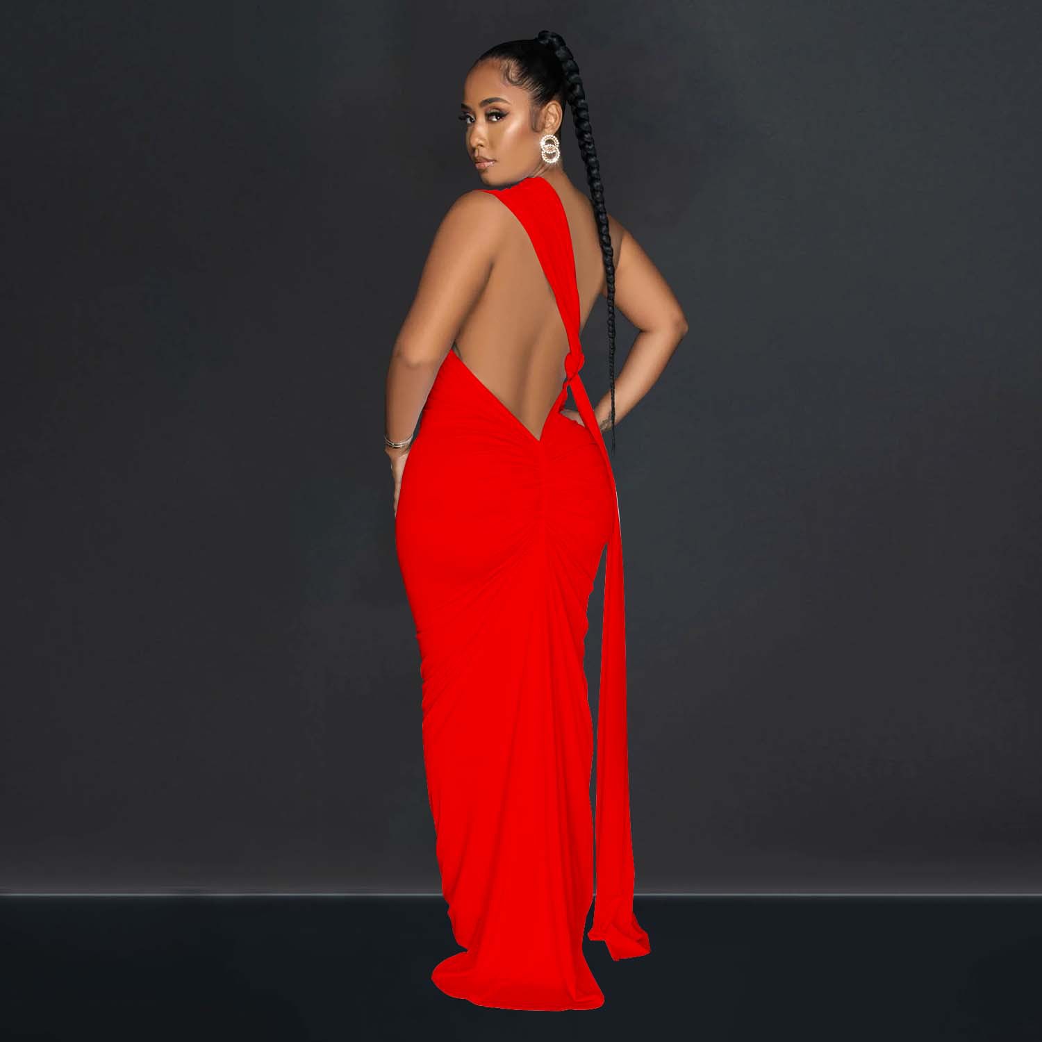 CM.YAYA Women One Shoulder Sleeveless Roll Splicing Ruched Backless Maxi Dress 2023 Vestidos Sexy Clubwear Party Evening Dresses