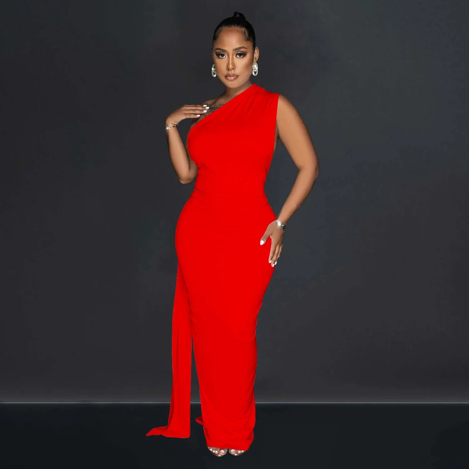 CM.YAYA Women One Shoulder Sleeveless Roll Splicing Ruched Backless Maxi Dress 2023 Vestidos Sexy Clubwear Party Evening Dresses