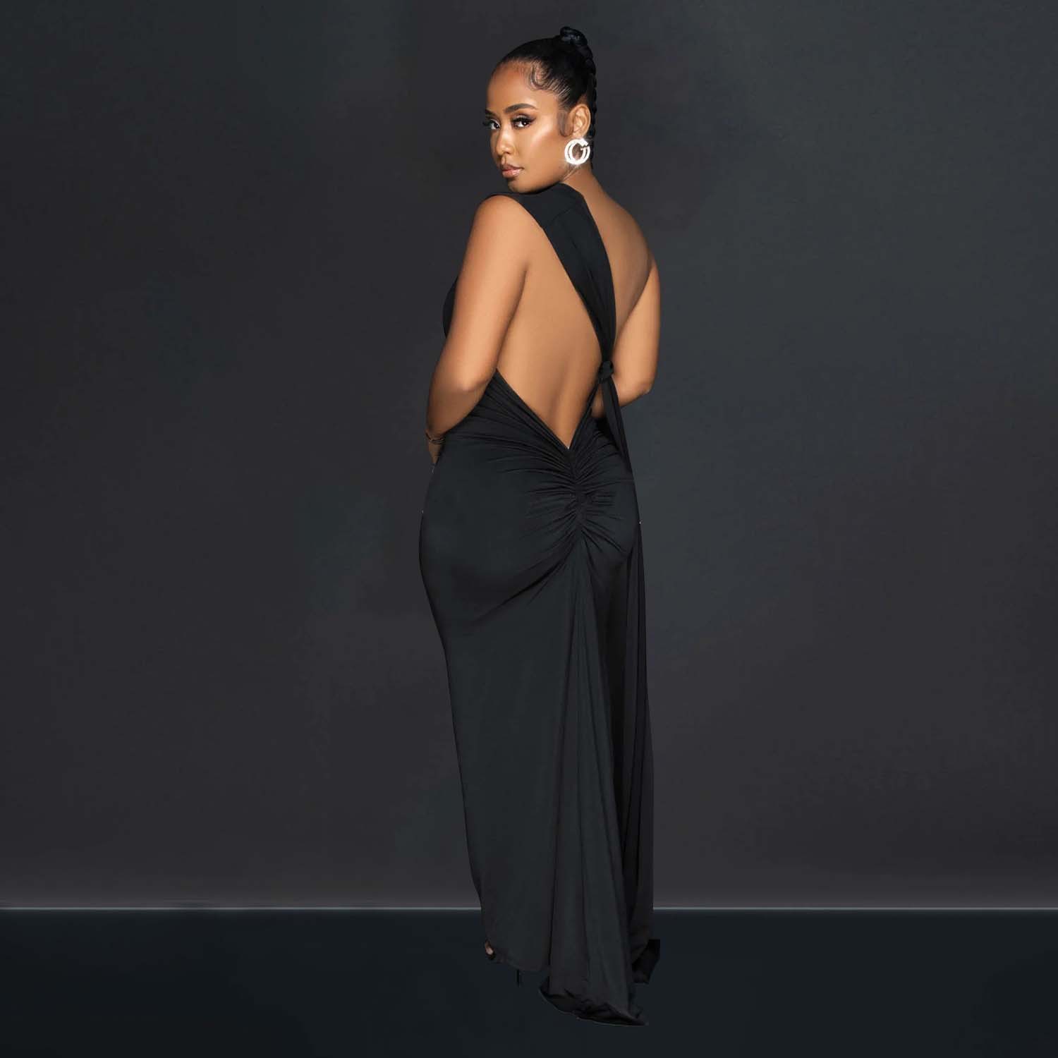 CM.YAYA Women One Shoulder Sleeveless Roll Splicing Ruched Backless Maxi Dress 2023 Vestidos Sexy Clubwear Party Evening Dresses