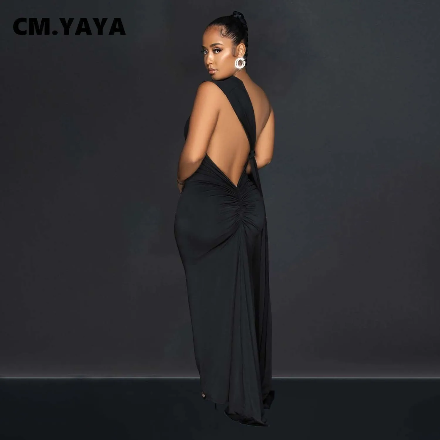 CM.YAYA Women One Shoulder Sleeveless Roll Splicing Ruched Backless Maxi Dress 2023 Vestidos Sexy Clubwear Party Evening Dresses
