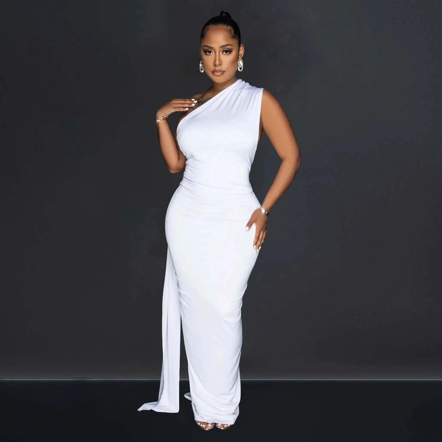 CM.YAYA Women One Shoulder Sleeveless Roll Splicing Ruched Backless Maxi Dress 2023 Vestidos Sexy Clubwear Party Evening Dresses