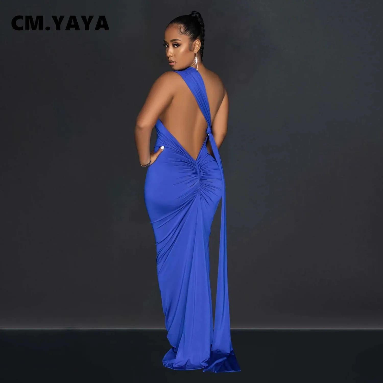 CM.YAYA Women One Shoulder Sleeveless Roll Splicing Ruched Backless Maxi Dress 2023 Vestidos Sexy Clubwear Party Evening Dresses