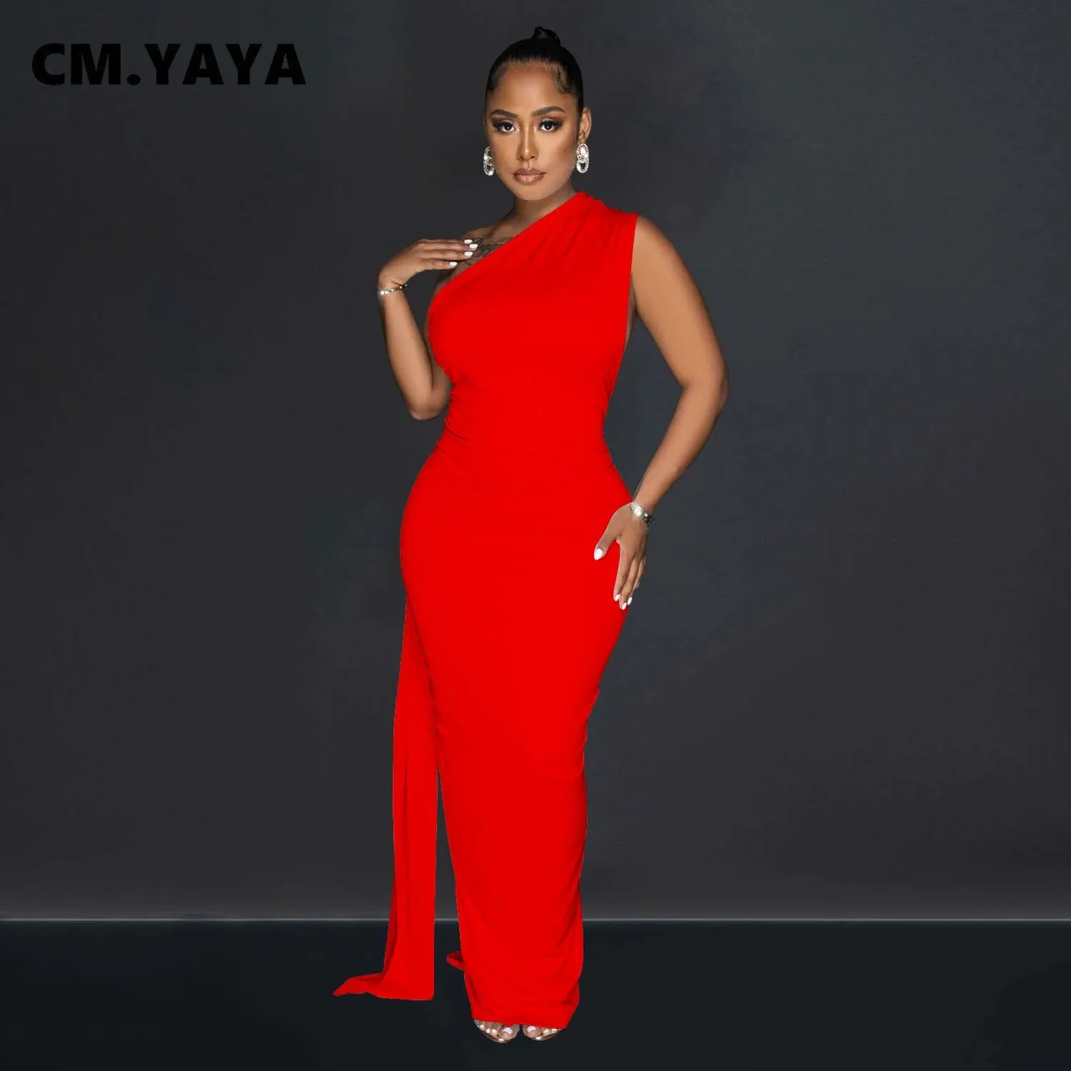 CM.YAYA Women One Shoulder Sleeveless Roll Splicing Ruched Backless Maxi Dress 2023 Vestidos Sexy Clubwear Party Evening Dresses