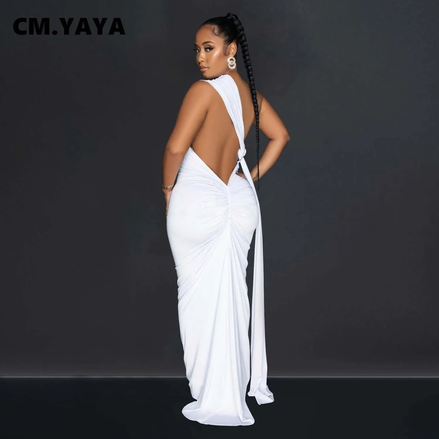 CM.YAYA Women One Shoulder Sleeveless Roll Splicing Ruched Backless Maxi Dress 2023 Vestidos Sexy Clubwear Party Evening Dresses