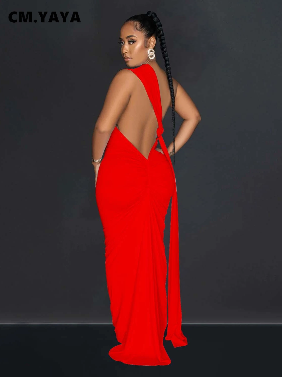 CM.YAYA Women One Shoulder Sleeveless Roll Splicing Ruched Backless Maxi Dress 2023 Vestidos Sexy Clubwear Party Evening Dresses