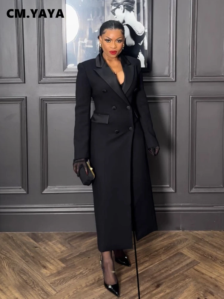 CM.YAYA Fashion Women OL Work Double Breasted Notched Long Sleeve Maxi Dress Spring Sexy Night Elegant Party Street Long Dresses