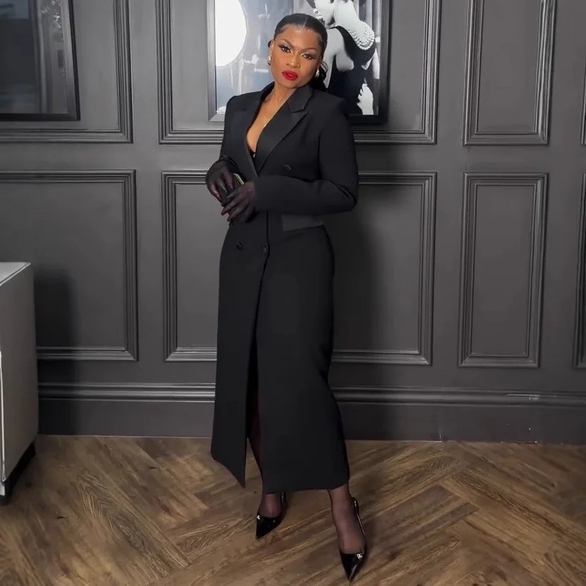 CM.YAYA Fashion Women OL Work Double Breasted Notched Long Sleeve Maxi Dress Spring Sexy Night Elegant Party Street Long Dresses