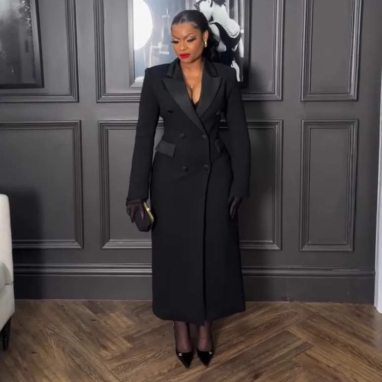 CM.YAYA Fashion Women OL Work Double Breasted Notched Long Sleeve Maxi Dress Spring Sexy Night Elegant Party Street Long Dresses