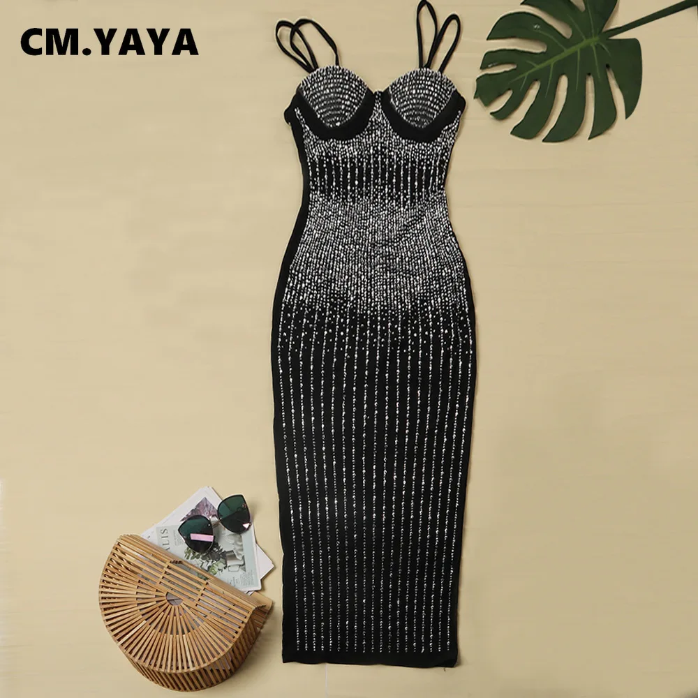 CM.YAYA Mesh See Though Hot Rhinestones Plunging V-neck Midi Bodycon Dress  Women Sexy Club Party Dresses Pencil Vestidos