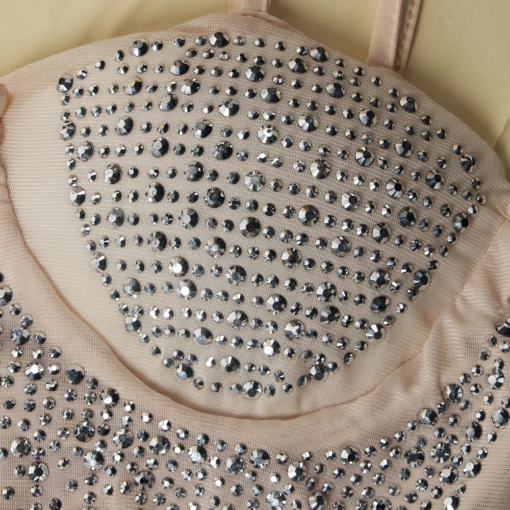 CM.YAYA Mesh See Though Hot Rhinestones Plunging V-neck Midi Bodycon Dress  Women Sexy Club Party Dresses Pencil Vestidos