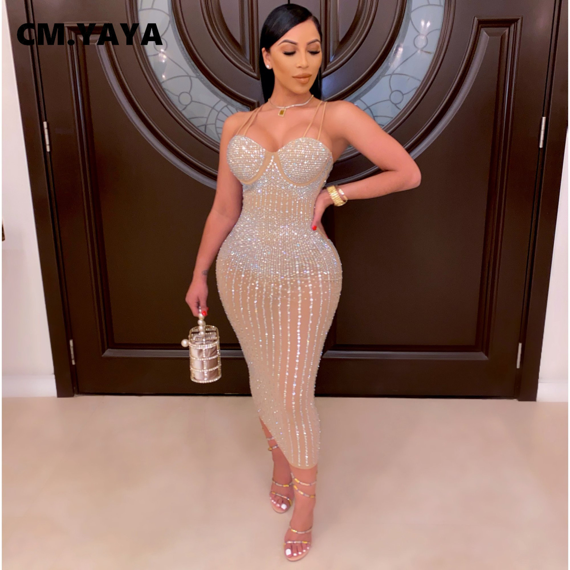 CM.YAYA Mesh See Though Hot Rhinestones Plunging V-neck Midi Bodycon Dress  Women Sexy Club Party Dresses Pencil Vestidos