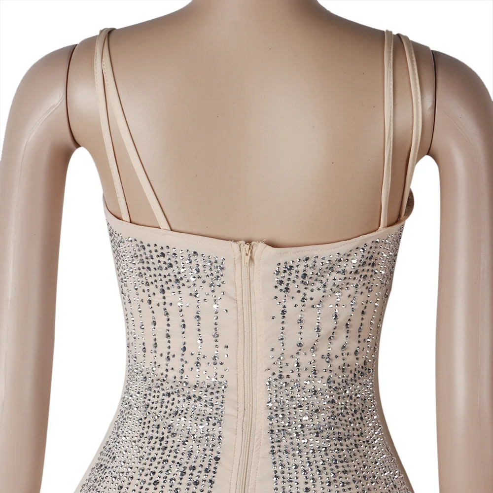 CM.YAYA Mesh See Though Hot Rhinestones Plunging V-neck Midi Bodycon Dress  Women Sexy Club Party Dresses Pencil Vestidos