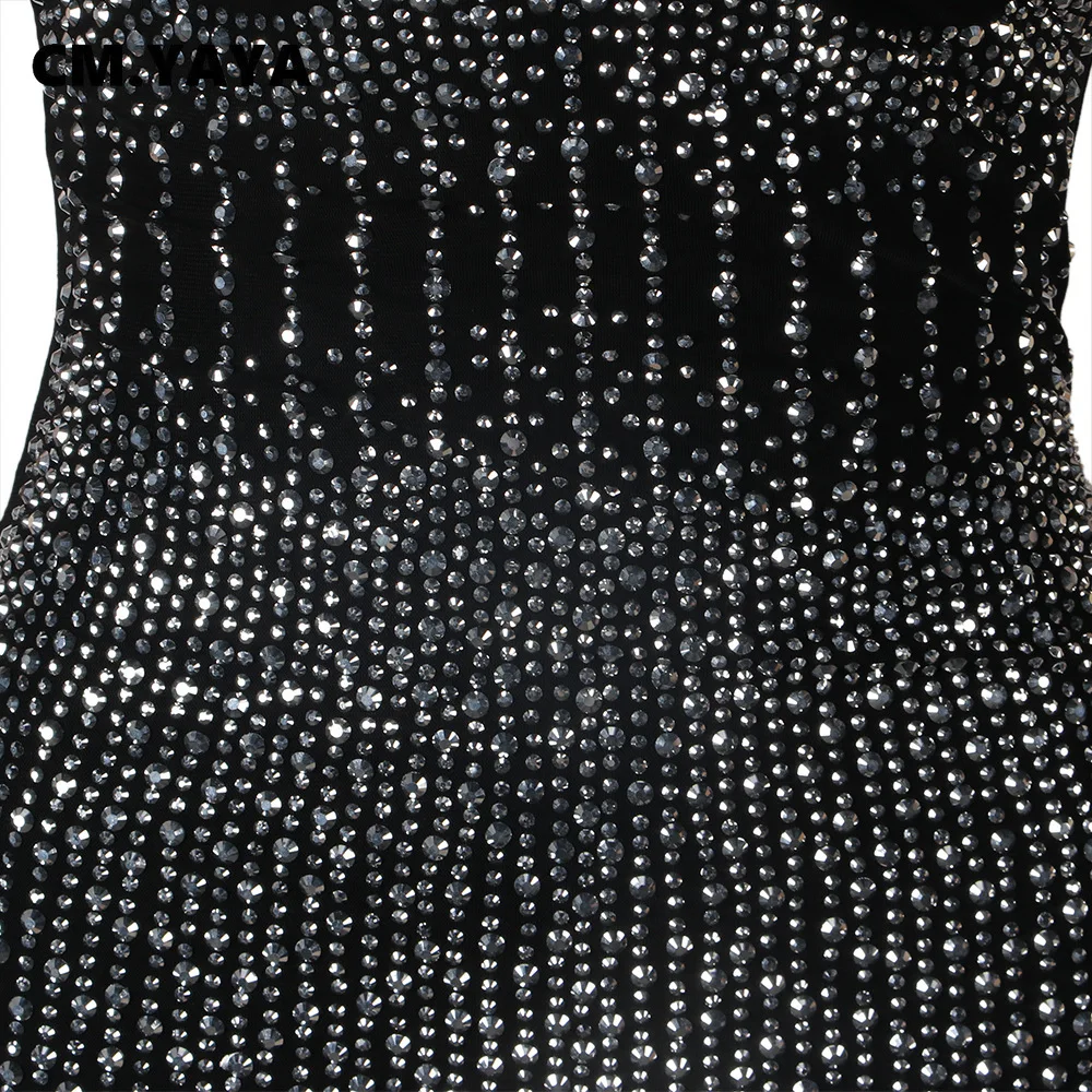 CM.YAYA Mesh See Though Hot Rhinestones Plunging V-neck Midi Bodycon Dress  Women Sexy Club Party Dresses Pencil Vestidos
