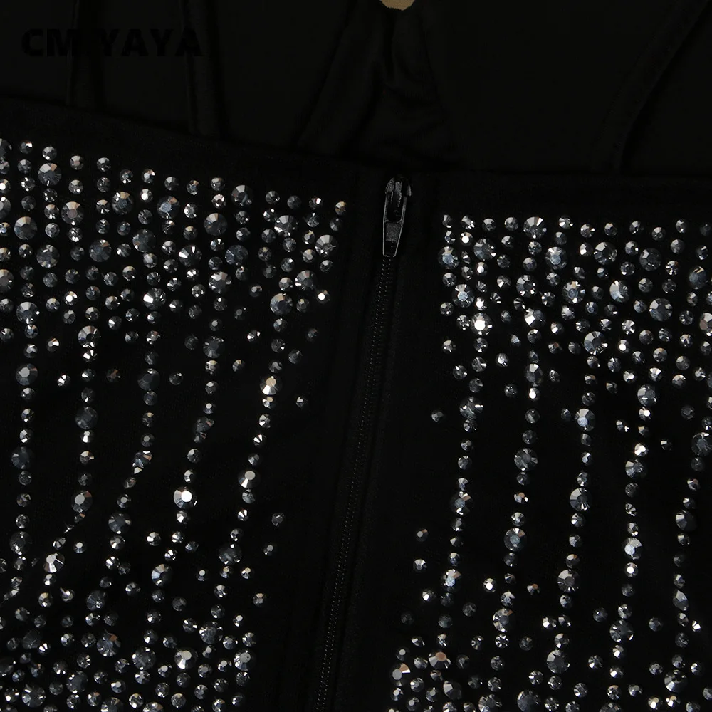 CM.YAYA Mesh See Though Hot Rhinestones Plunging V-neck Midi Bodycon Dress  Women Sexy Club Party Dresses Pencil Vestidos
